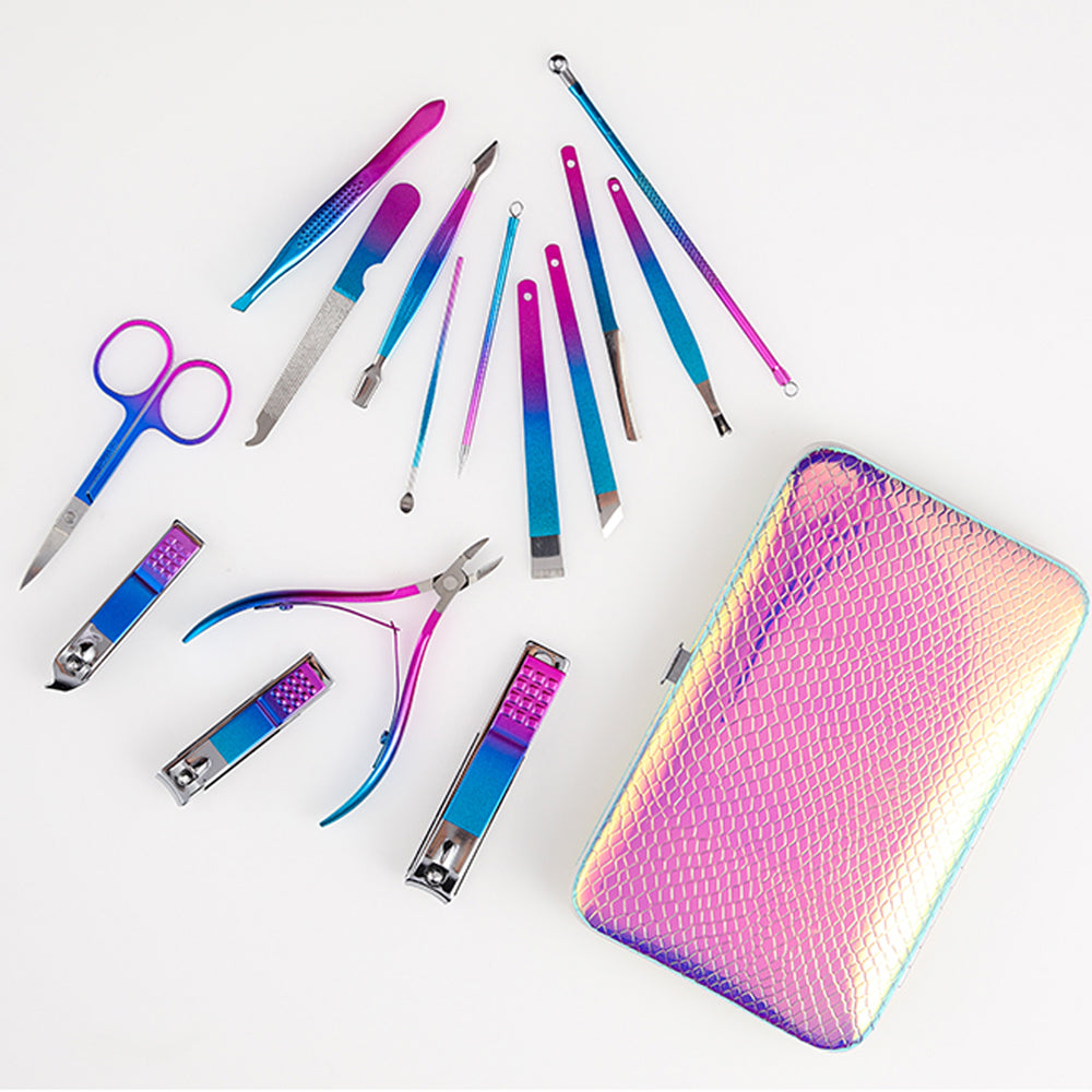 Rainbow color 15-piece manicure kit set with art nail clippers acne needles dead leather shovels eyebrow clips manicure sets-MS169
