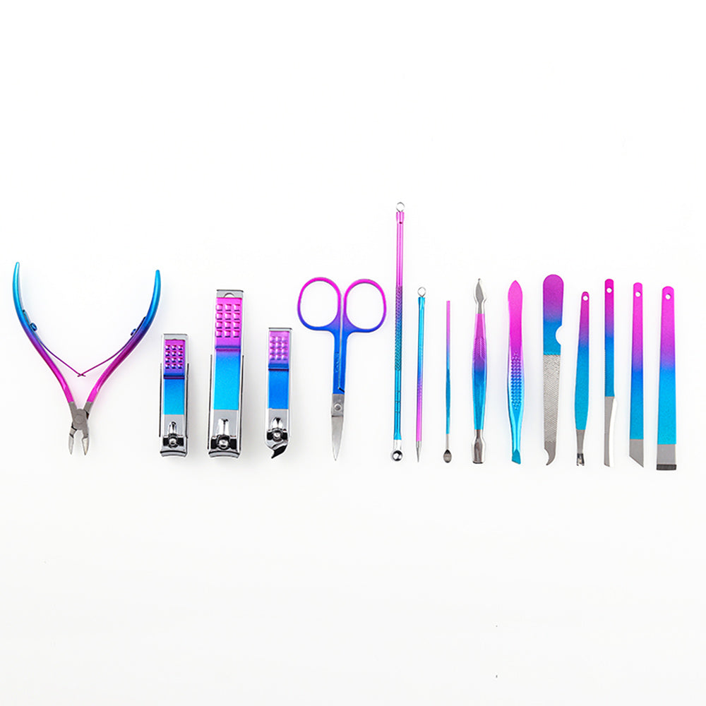 Rainbow color 15-piece manicure kit set with art nail clippers acne needles dead leather shovels eyebrow clips manicure sets-MS169