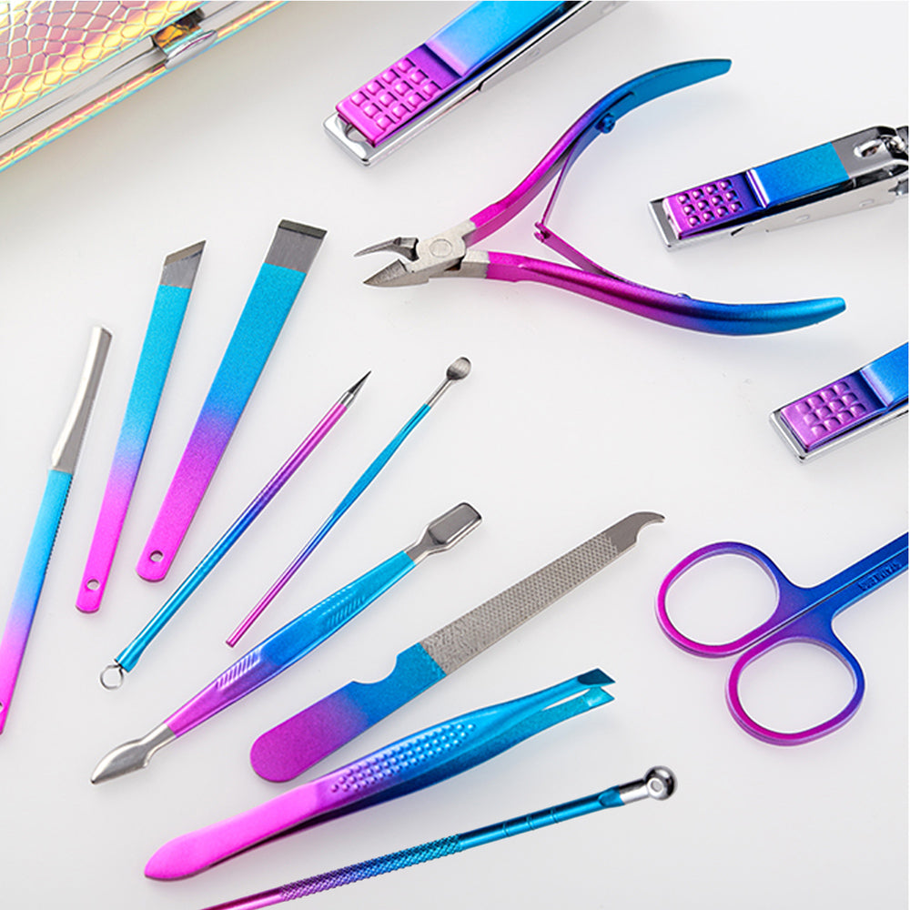 Rainbow color 15-piece manicure kit set with art nail clippers acne needles dead leather shovels eyebrow clips manicure sets-MS169