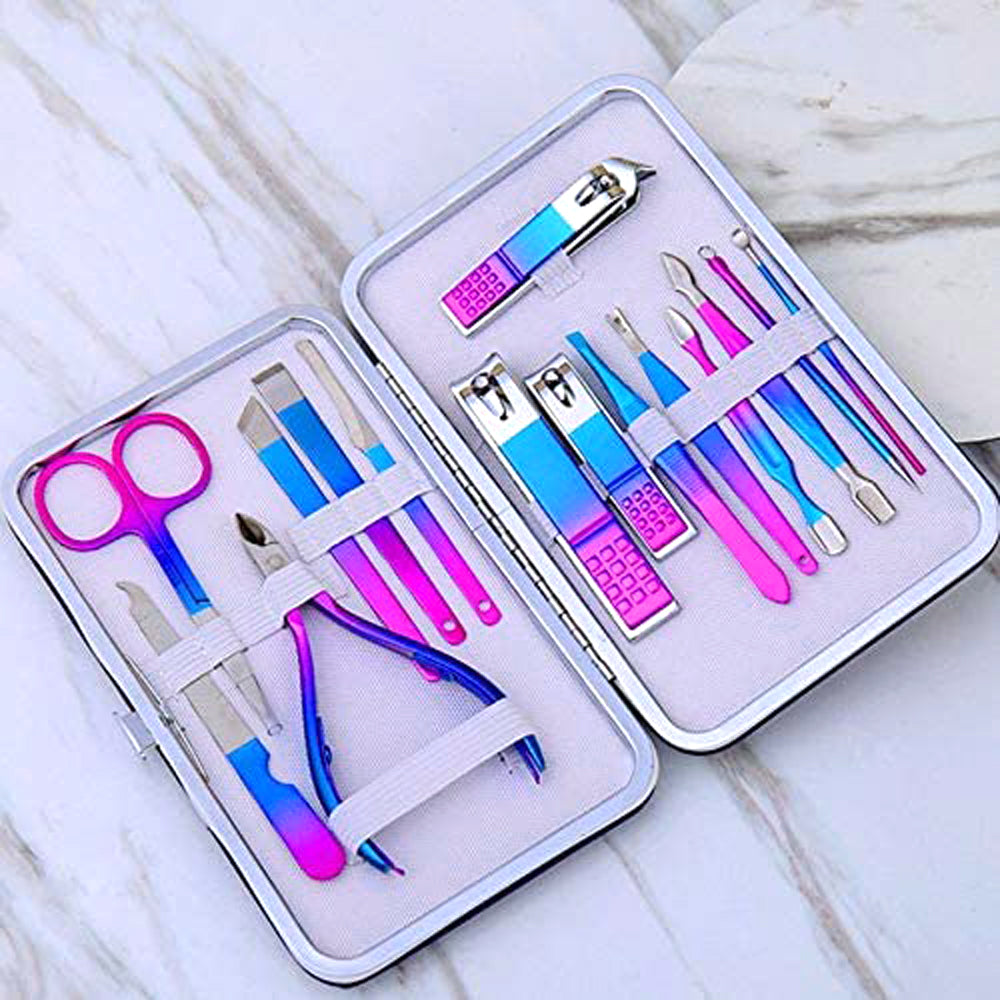 Rainbow color 15-piece manicure kit set with art nail clippers acne needles dead leather shovels eyebrow clips manicure sets-MS169