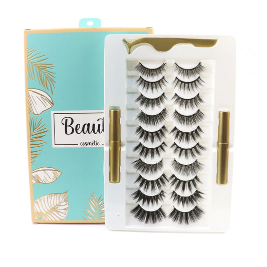 Private Label 3D 10 Pairs False Eyelashes Kit Silk Eyelash Glue Tweezers Set-LGSS-M05BL