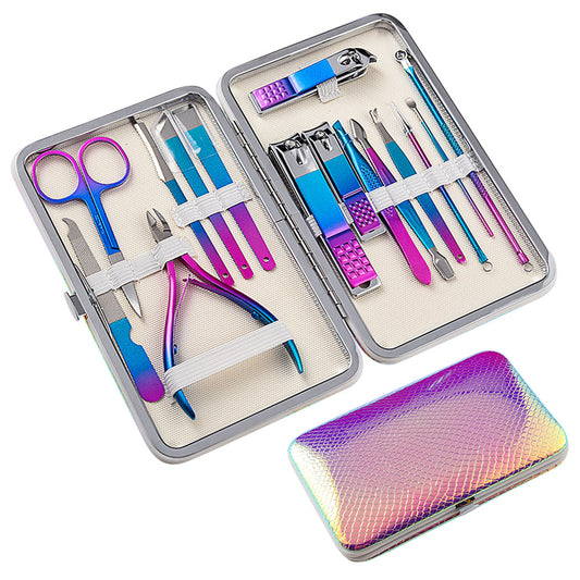 Rainbow color 15-piece manicure kit set with art nail clippers acne needles dead leather shovels eyebrow clips manicure sets-MS169
