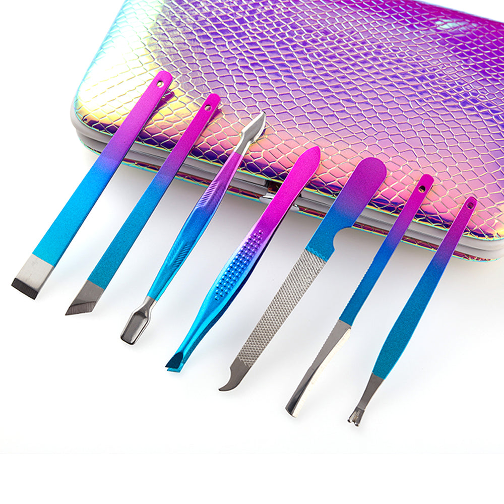 Rainbow color 15-piece manicure kit set with art nail clippers acne needles dead leather shovels eyebrow clips manicure sets-MS169