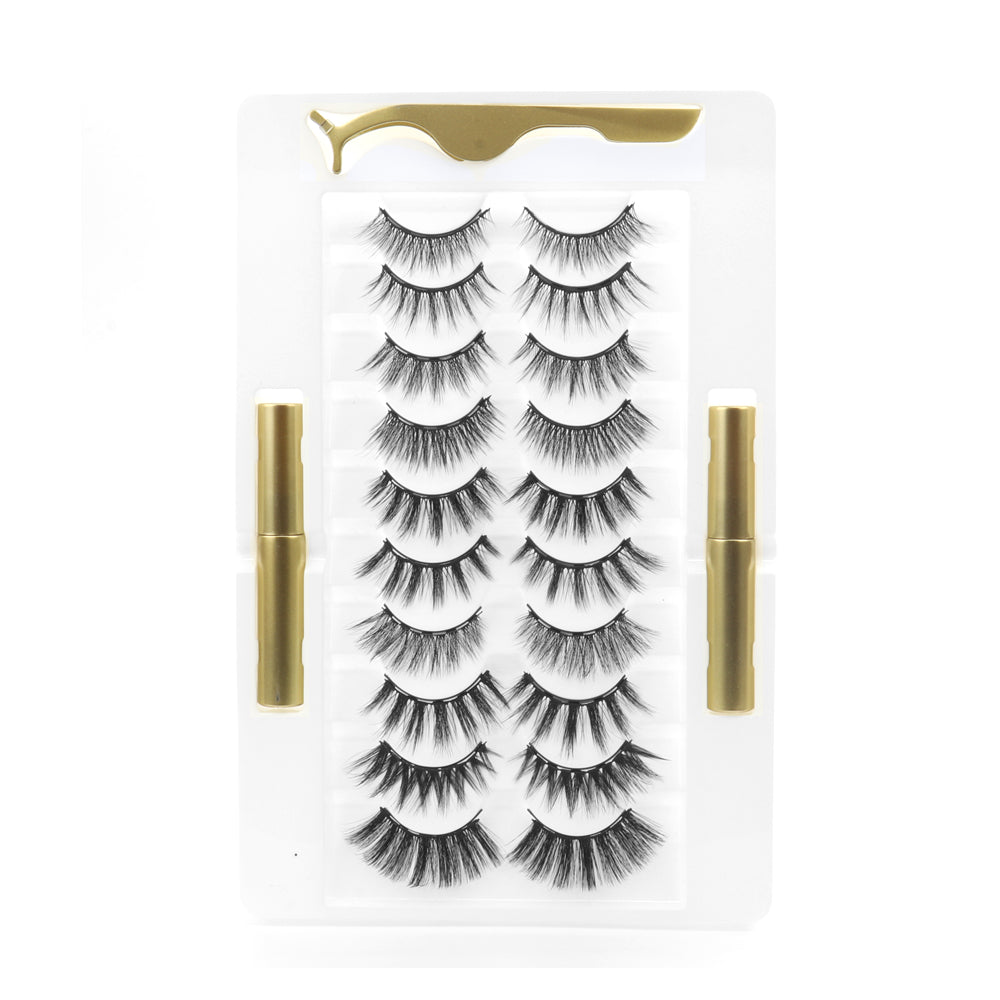 Private Label 3D 10 Pairs False Eyelashes Kit Silk Eyelash Glue Tweezers Set-LGSS-M05BL